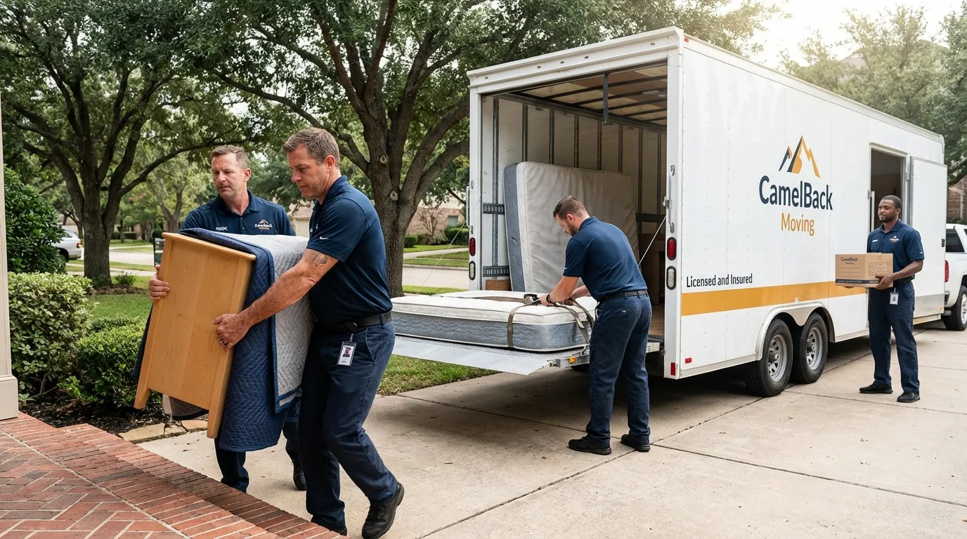 Crew loading residential truck for cross-state move from Volcano, HI